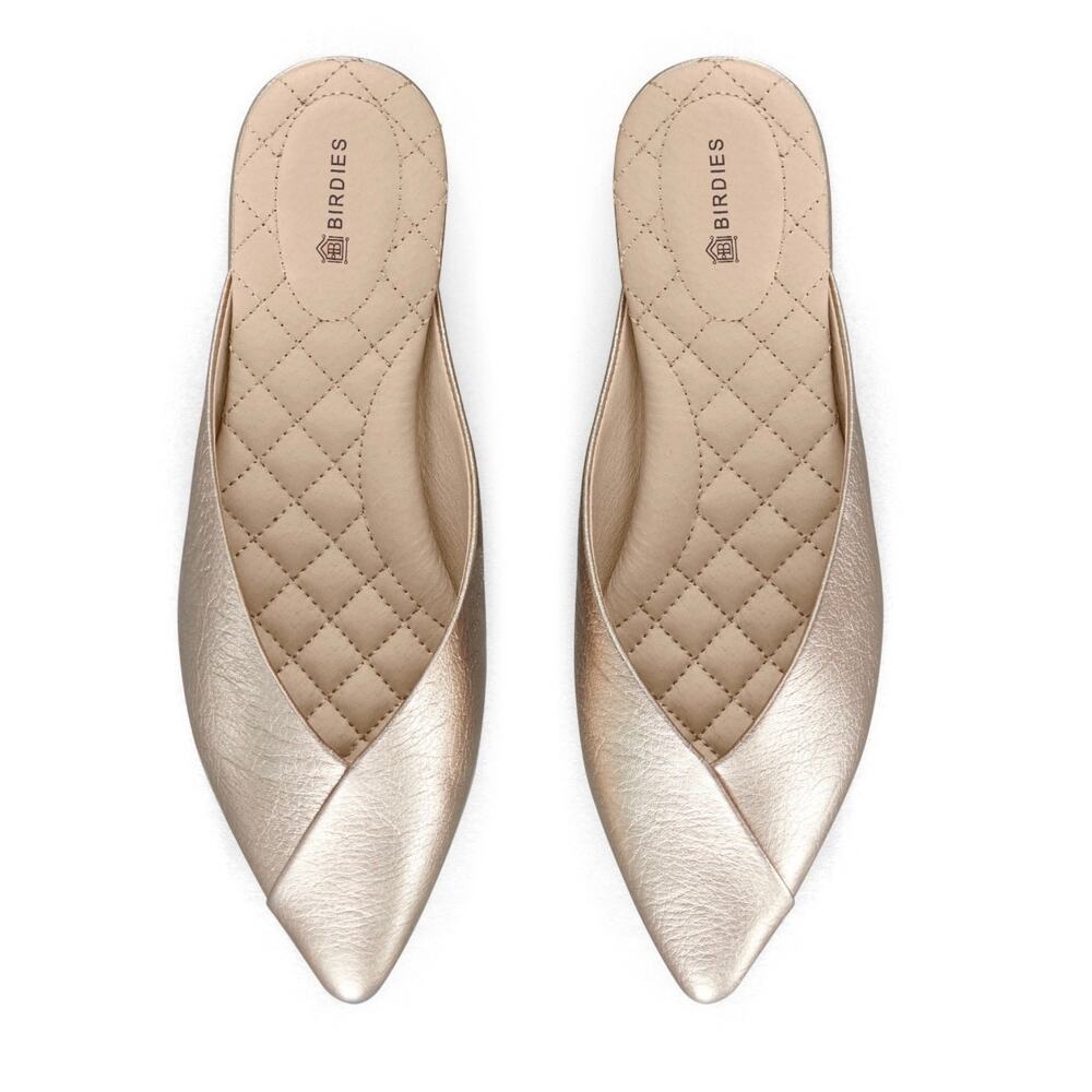 Birdies The Swan Gold Metallic Leather Mules NEW 7 Quiet Luxury Slip-On Flats